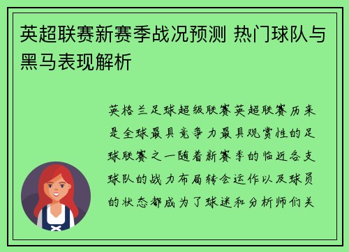 英超联赛新赛季战况预测 热门球队与黑马表现解析 英超联赛新赛季战况预测 热门球队与黑马表现解析
