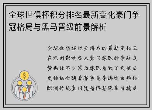 全球世俱杯积分排名最新变化豪门争冠格局与黑马晋级前景解析 全球世俱杯积分排名最新变化豪门争冠格局与黑马晋级前景解析